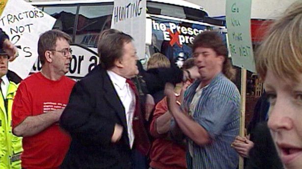 John Prescott reacted angrily after having an egg thrown at him, as he arrived at the Little Theatre, in the North Wales