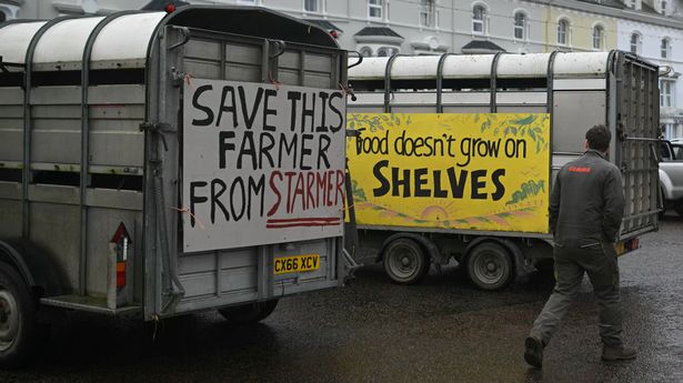 Tractors and farm vehicles are seen lined up outside the venue of the Welsh Labour conference at the weekend